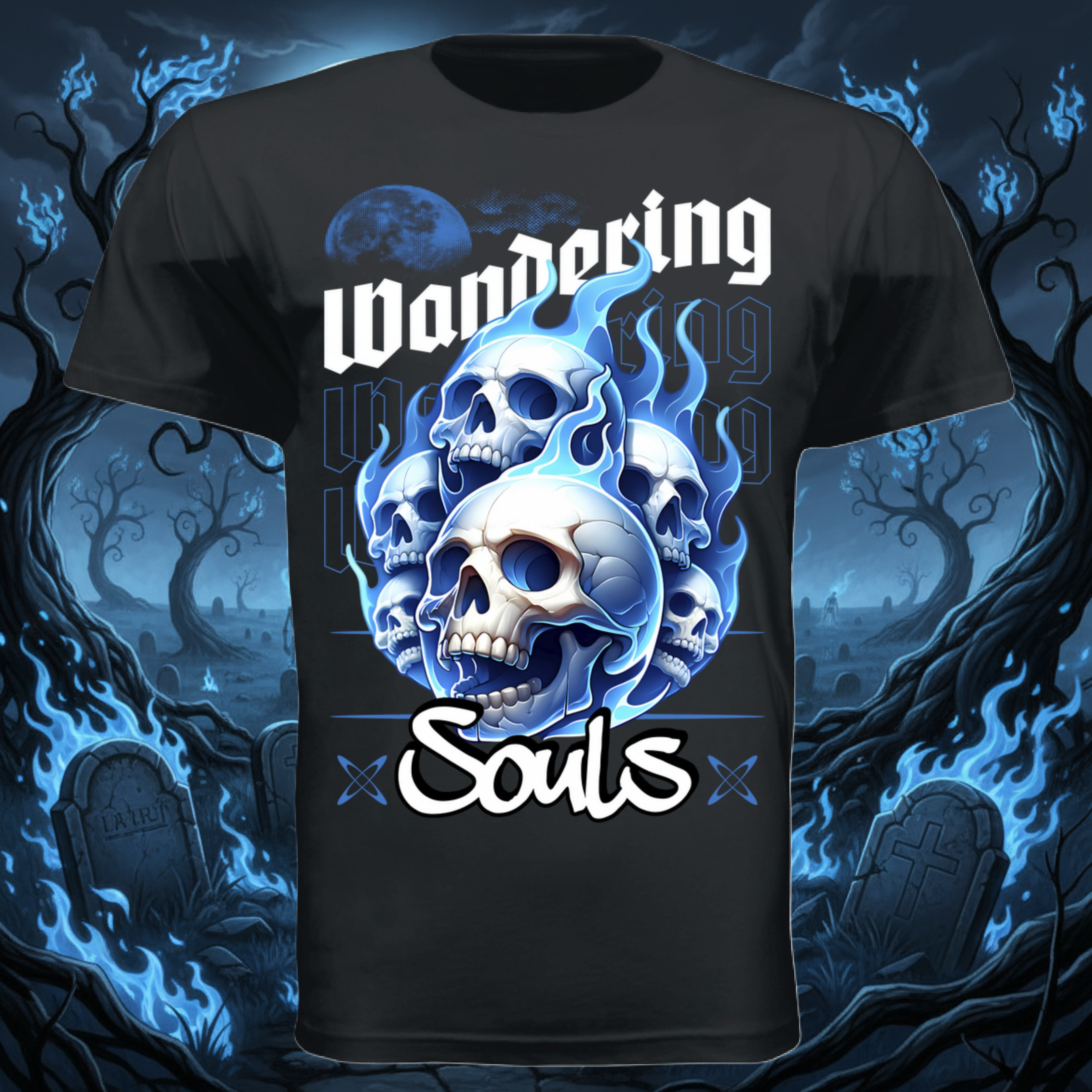 Wandering Souls Blue Flame Skull Tee | Gothic Streetwear by New Viking Apparel